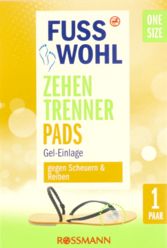 Fuss Wohl Zehen Trenner Pads, żelowe wkładki przeciw otarciom, żółto-zielone opakowanie, z sandałem.
