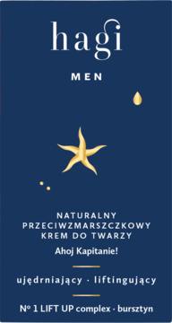 Reklama kremu Hagi Men: ciemnoniebieskie tło, złota rozgwiazda i napisy o męskim kremie przeciwzmarszczkowym.