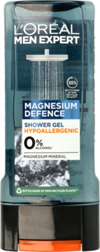 L'Oréal Men Expert Magnesium Defence Żel pod prysznic, niebieska butelka z recyklingu, hipoalergiczny, widok z przodu.