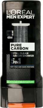 L'Oréal Men Expert Pure Carbon 5in1 shower gel, black 400ml bottle with shower graphic and orange base, front view.