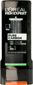 L'Oréal Men Expert Pure Carbon 5in1 shower gel, black 400ml bottle with shower graphic and orange base, front view.
