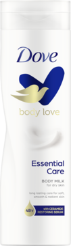 Biała butelka Dove Body Love Essential Care mleczko do ciała z ceramidami, na białym tle, widok z przodu.