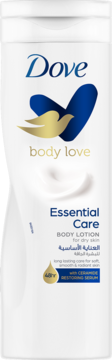 Biała butelka balsamu Dove Body Love Essential Care do skóry suchej, z ceramidowym serum. Widok z przodu.