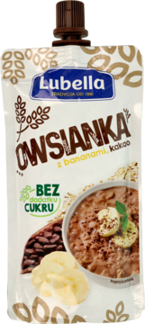 Biała saszetka Lubella Owsianka z bananami i kakao, z brązową nakrętką, widok z przodu, bez cukru.
