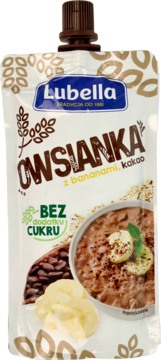 Biała saszetka Lubella Owsianka z bananami i kakao, z brązową nakrętką, widok z przodu, bez cukru.