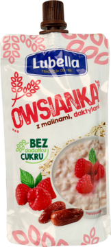 Lubella Owsianka z malinami i daktylami, biała saszetka z brązową nakrętką, widok z przodu, bez dodatku cukru.