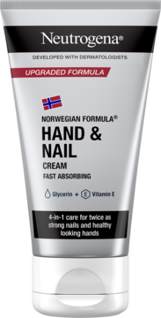 Krem do rąk i paznokci Neutrogena Formuła Norweska w srebrnej tubce z norweską flagą, widok z przodu.