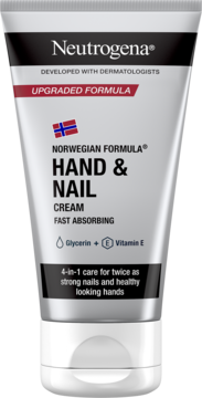 Krem do rąk i paznokci Neutrogena Formuła Norweska w srebrnej tubce z norweską flagą, widok z przodu.