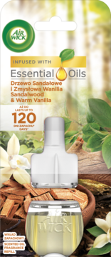 Air Wick Essential Oils Sandalwood & Warm Vanilla fragrance refill, clear bottle, on wood. Lasts 120 days.