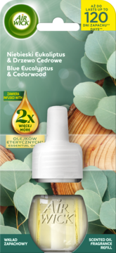 Air Wick wkład Blue Eucalyptus & Cedarwood, do 120 dni zapachu, w zielonym opakowaniu, widok z przodu.