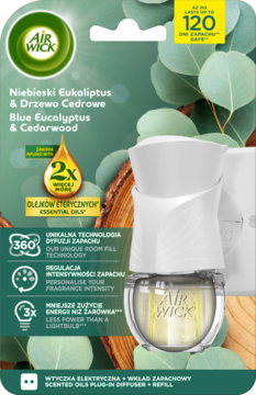 Air Wick elektryczny dyfuzor wtyczkowy Niebieski Eukaliptus & Cedr, na zielonym opakowaniu, widok z przodu.