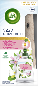 Air Wick 24/7 Active Fresh odświeżacz, jaśminowy, butelka z zielonym dozownikiem, kwiaty na etykiecie.