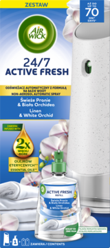Air Wick 24/7 Active Fresh automatyczny odświeżacz Linen & White Orchid, zestaw z urządzeniem i wkładem.