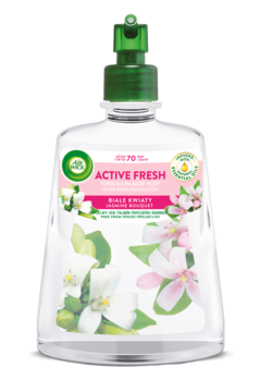 Air Wick Active Fresh odświeżacz powietrza, butelka z zieloną nakrętką i kwiatowym motywem białych i różowych kwiatów.