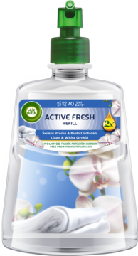 Air Wick Active Fresh Refill Linen & White Orchid. Przezroczysta butelka, zielona nakrętka, na etykiecie pranie i orchidee.
