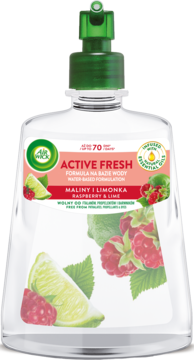 Air Wick Active Fresh, wkład maliny i limonka, wodna formuła z naturalnymi olejkami, butelka, widok z przodu.