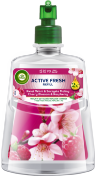 Air Wick Active Fresh Refill, przezroczysta butelka z zielonym dozownikiem, widok z przodu, malina i kwiat wiśni.