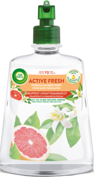 Wkład Air Wick Active Fresh Grejpfrut i Kwiat Pomarańczy, przezroczysta butelka z zieloną pompką.
