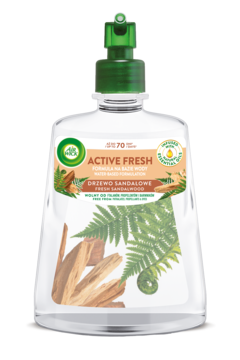 Air Wick Active Fresh, odświeżacz Drzewo Sandałowe, wodna formuła, przezroczysta butelka z zieloną nakrętką, widok z przodu.