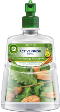 Wkład Air Wick Active Fresh do odświeżacza automatycznego, zapach drzewa sandałowego i mchu dębowego, butelka z zieloną etykietą.