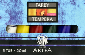 Niebieskie opakowanie farb tempera Astra Artea 6x20ml, z okienkiem ukazującym tubki: białą, żółtą, czerwoną, zieloną, niebieską.