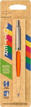 Parker Jotter pen, silver and orange, in brown cardboard packaging with colorful stripes, 100% plastic-free.
