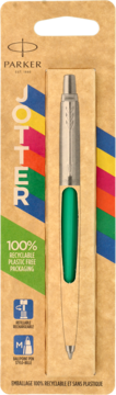 Długopis Parker Jotter zielony w 100% recyklingowym kartonowym opakowaniu, widok z przodu.