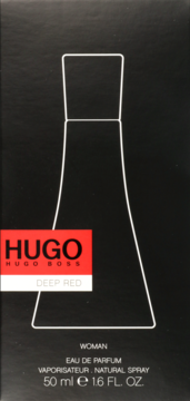 Czarne pudełko perfum Hugo Boss Deep Red, z białym obrysem butelki i czerwonym logo, widok z przodu.