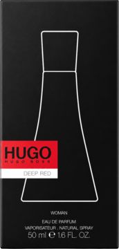 Czarny kartonik Hugo Deep Red perfum damskich 50ml, z białym konturem flakonu i czerwonym logo Hugo Boss.