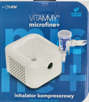 Niebieskie pudełko z widocznym kompaktowym inhalatorem kompresorowym Vitammy microfine+ z nebulizatorem.