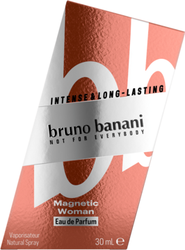 Bruno Banani Magnetic Woman 30ml Eau de Parfum, intensywny, pomarańczowo-biały kartonik, widok pod kątem.