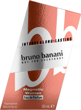 Bruno Banani Magnetic Woman 30ml Eau de Parfum, intensywny, pomarańczowo-biały kartonik, widok pod kątem.