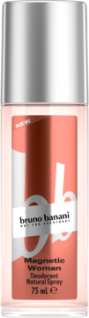 Różowy dezodorant Bruno Banani Magnetic Woman Natural Spray 75ml, butelka z srebrną nakrętką, widok z przodu.