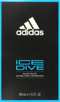 Opakowanie Adidas Ice Dive EDT 100ml, czarne z niebieską ramką, aromatyczny zapach, widok z przodu.