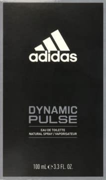 Matowe, czarne opakowanie wody toaletowej adidas Dynamic Pulse 100ml, widok z przodu, z białym logo.