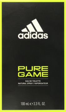Adidas Pure Game Eau de Toilette, czarne pudełko z neonowym obramowaniem, logo i tekstem, widok z przodu.
