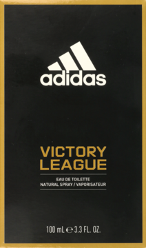 Czarne opakowanie męskiej wody toaletowej Adidas Victory League 100ml, ze złotymi brzegami, widok z przodu.