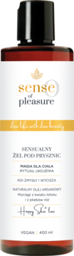 Sensualny żel pod prysznic Sense of Pleasure 400ml w brązowej butelce z czarną nakrętką, widok z przodu.