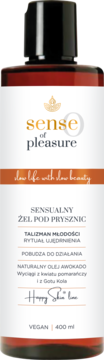 Brązowa butelka Sense of Pleasure: ujędrniający żel pod prysznic 400ml z awokado i Gotu Kola, widok z przodu.