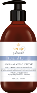 Brązowe mydło w płynie Sense of Pleasure 500 ml z pompką, z wegańskim składem, widok z przodu.
