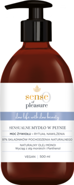 Brązowe mydło w płynie Sense of Pleasure 500 ml z pompką, z wegańskim składem, widok z przodu.
