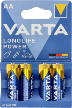 Blister 4 baterii alkalicznych Varta Longlife Power AA. Niebiesko-złote opakowanie, widok z przodu.