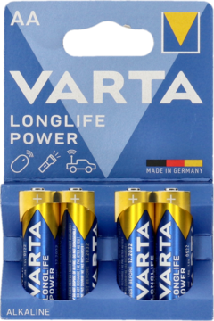 Blister 4 baterii alkalicznych Varta Longlife Power AA. Niebiesko-złote opakowanie, widok z przodu.