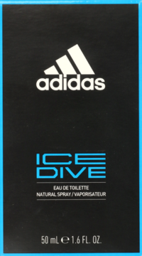 Czarne pudełko wody toaletowej Adidas Ice Dive 50 ml, z białym logo i niebieskim napisem, widok z przodu.