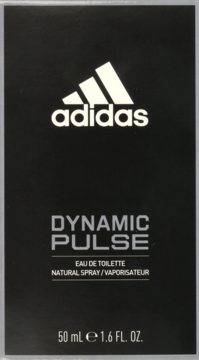 Czarno-białe opakowanie Adidas Dynamic Pulse EDT 50 ml, z białym logo i napisem, ujęcie z przodu.