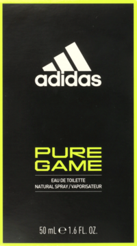 Czarne pudełko Adidas Pure Game EDT 50 ml z białym logo i żółto-zielonymi akcentami, widok z przodu.