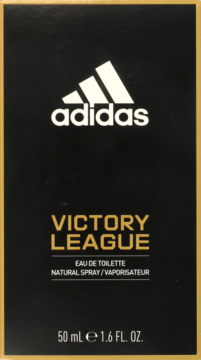 Czarne pudełko męskiej wody toaletowej Adidas Victory League 50ml, widok z przodu, złoty napis.