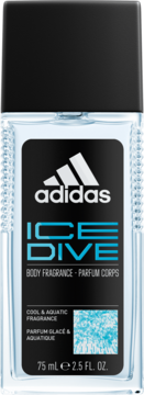 Adidas Ice Dive body fragrance w przezroczystej butelce z czarną nakrętką, napis Ice Dive i logo, widok z przodu.