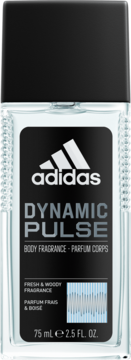 Adidas Dynamic Pulse, męski dezodorant Fresh & Woody 75ml, przezroczysta butelka, czarna etykieta.