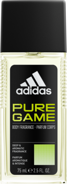 Pionowa butelka Adidas Pure Game body fragrance 75ml, czarna etykieta z zielonym i białym napisem, widok z przodu.